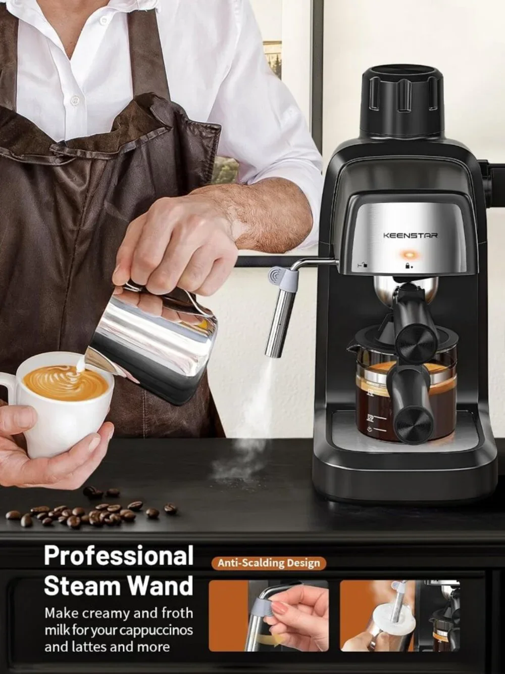 Compact 4-Cup Espresso Maker with Milk Frother | Fast Heating Cappuccino & Latte